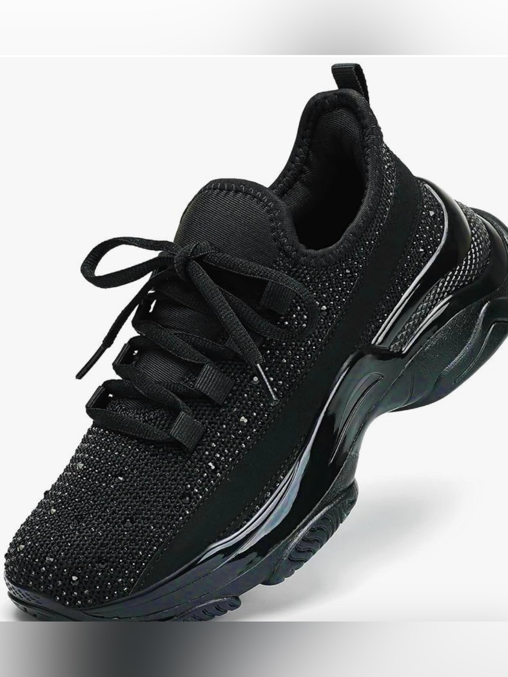 All-Black Crystal Knit Platform Trainer
